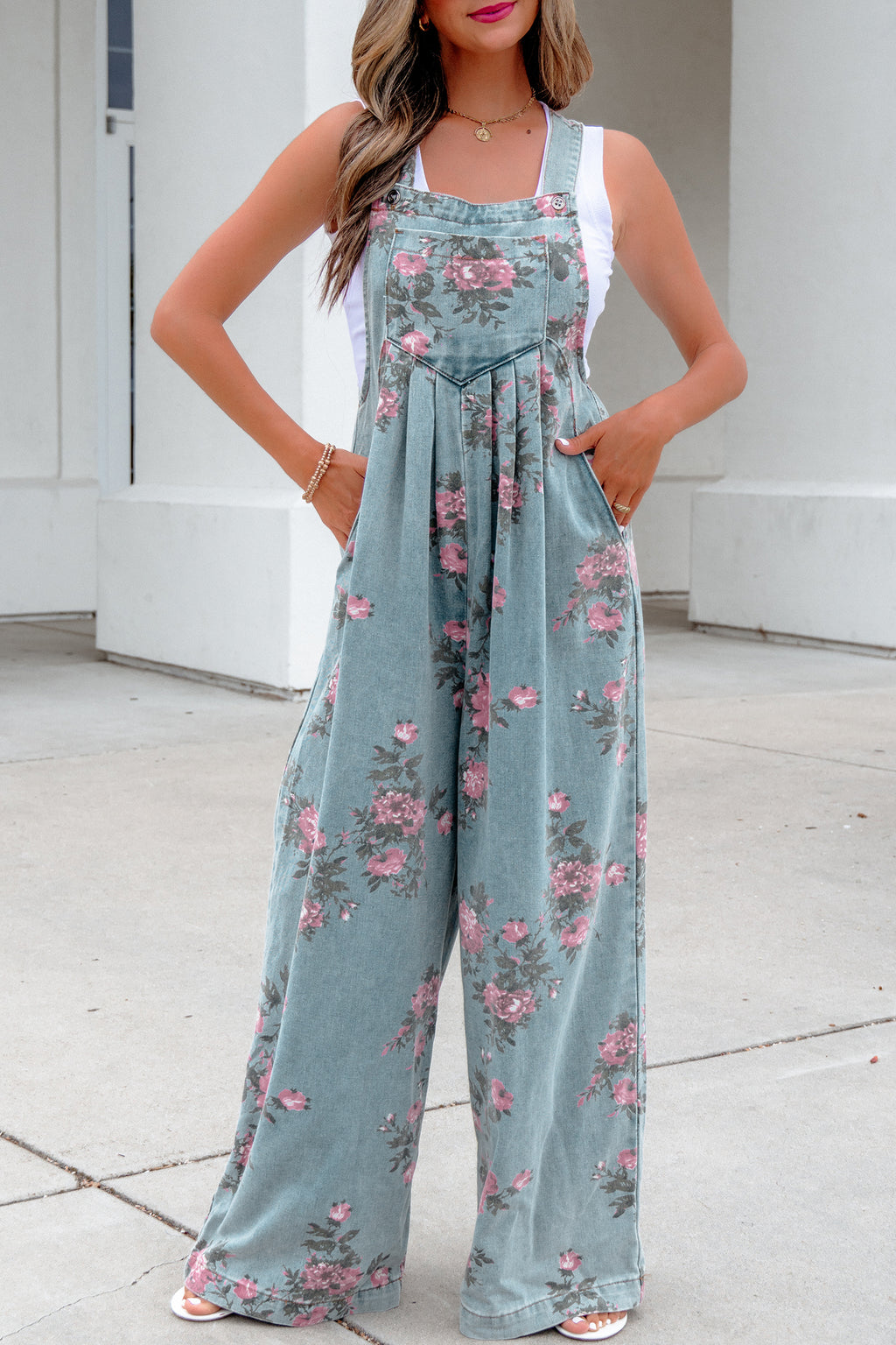Floral Print Pleated High Waist Wide Leg Denim Jumpsuit | S-XL