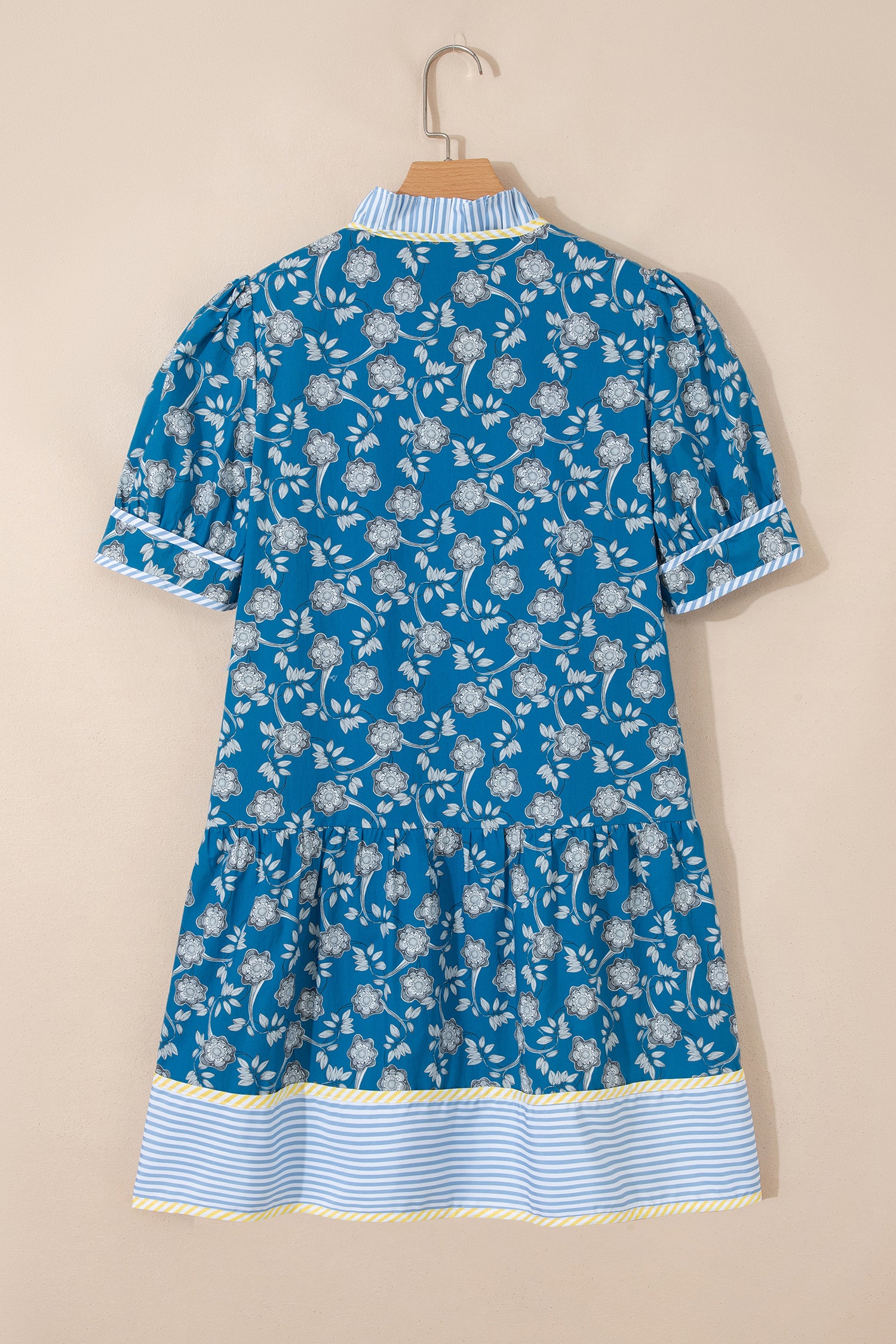 Blue Striped Trim Half Button Short Sleeve Floral Mini Dress S-XL