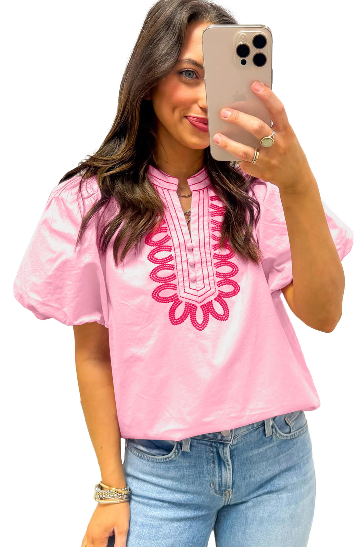 Pink Boho Embroidered Puff Sleeve Cotton Blouse | Sizes 8-22