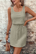 Four Leaf Clover Eyelet Textured Square Neck Drawstring Mini Dress S-XL