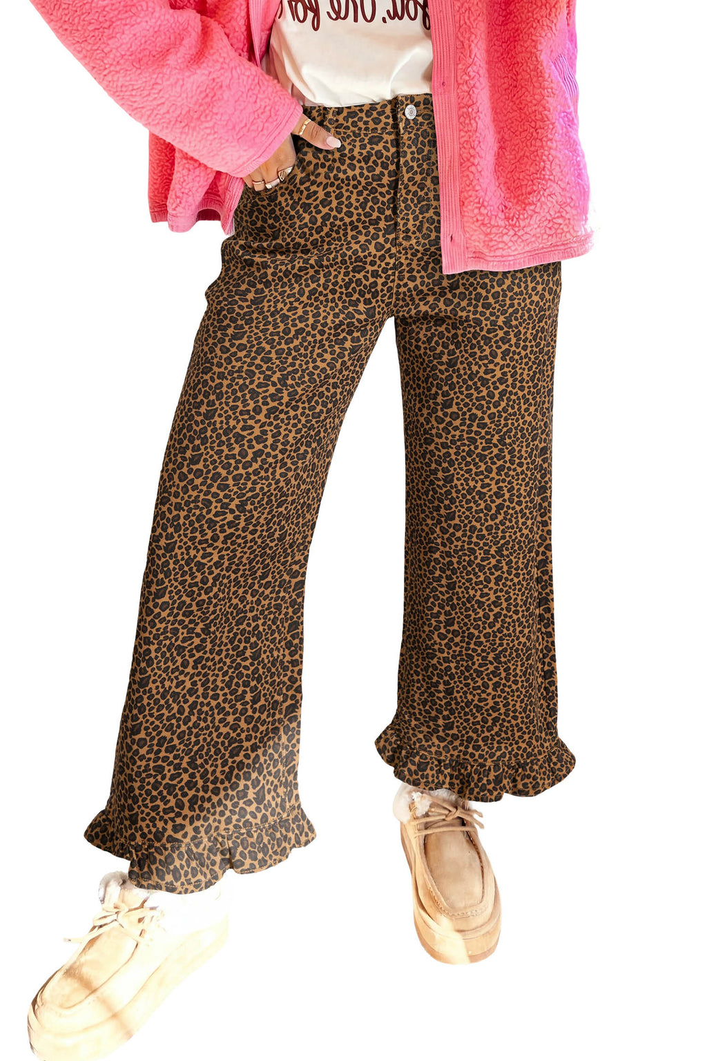 Brown Leopard Print Ruffled Hem Shift Jeans | UK 8–18