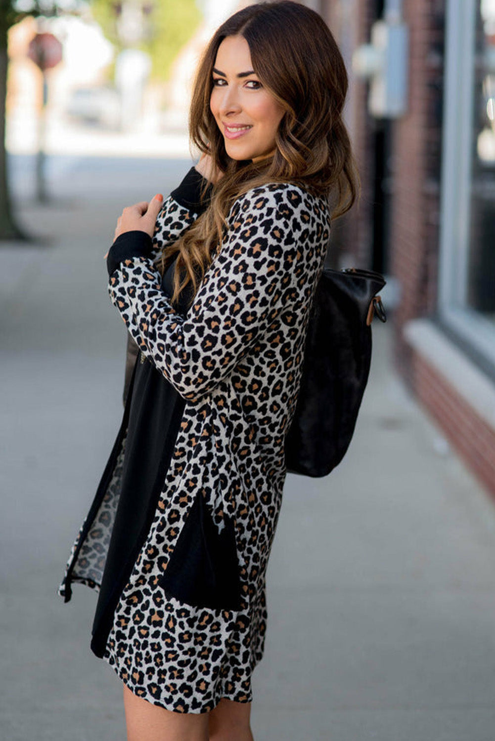 LivelyLooks Black Leopard Patched Pocket Open Front Knit Cardigan S-XL women's fashion