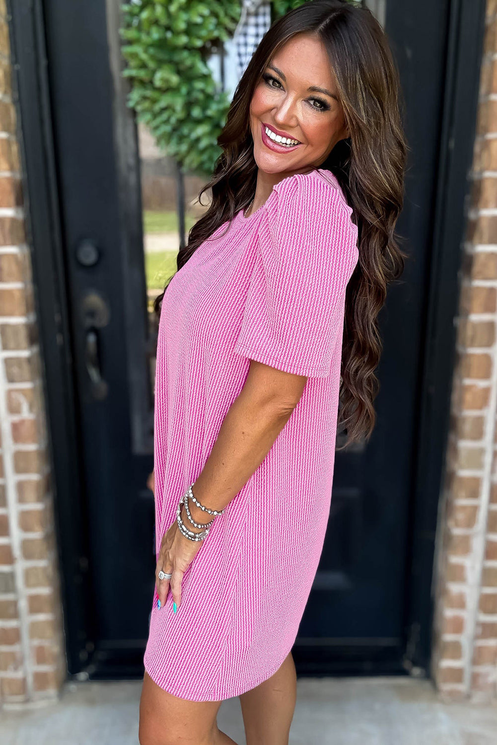 Corded Knit Crew Neck Puff Sleeve Shift Mini Dress S-XL