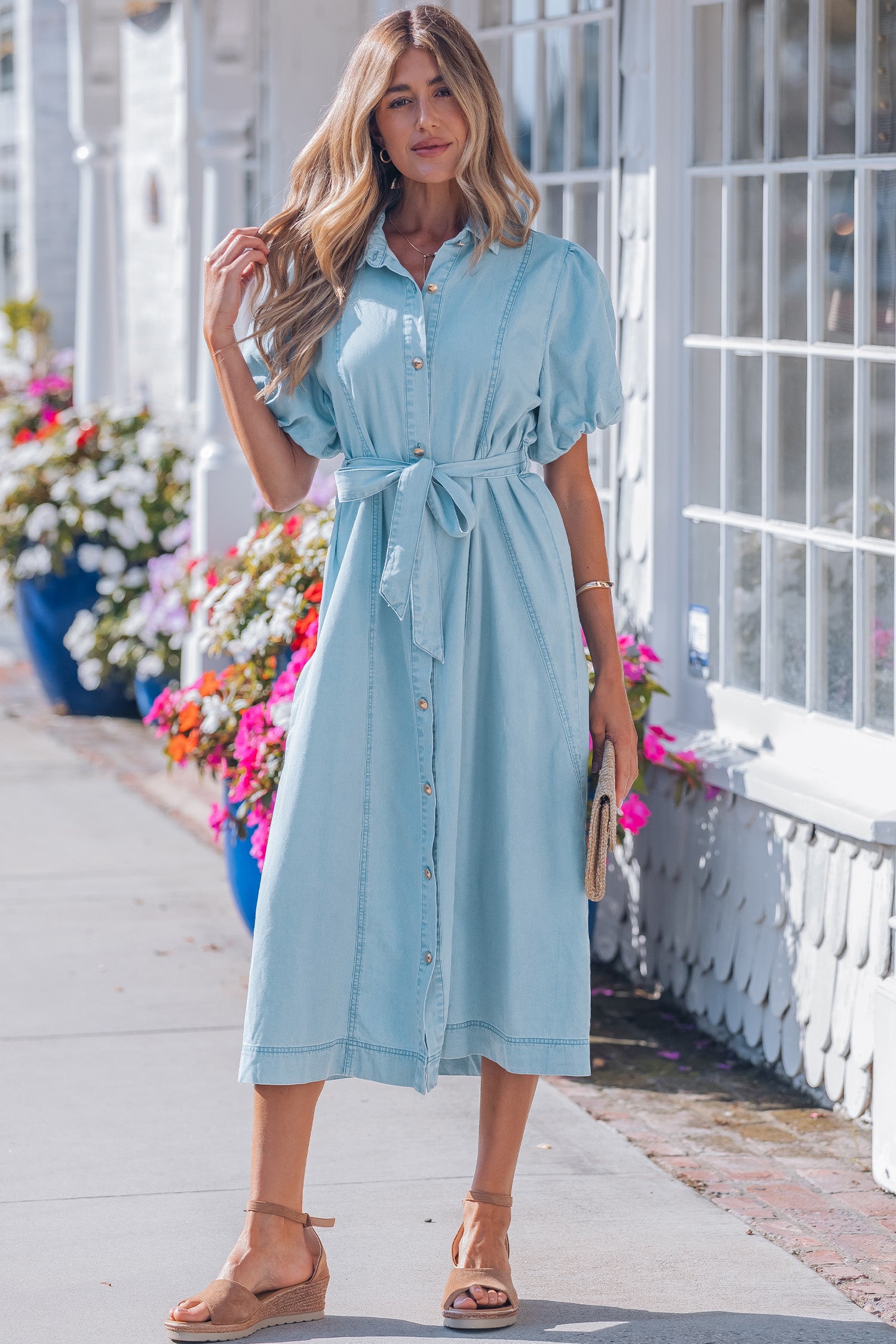Women's Blue Button-Down Collared Bubble Sleeve Long Denim Dress at LivelyLooks