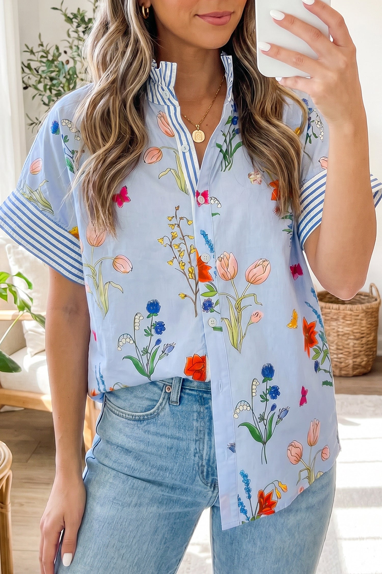 Floral Striped Ruffled Collar Shirt Short Sleeve Beige Sky Blue UK 8-22
