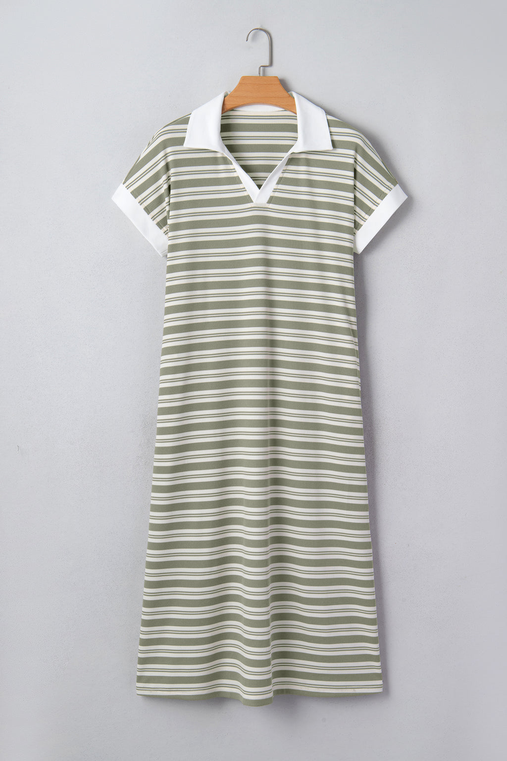 Shop Women's Stripe Collared V-Neck Short Sleeve T-Shirt Midi Dress Pockets Green at LivelyLooks