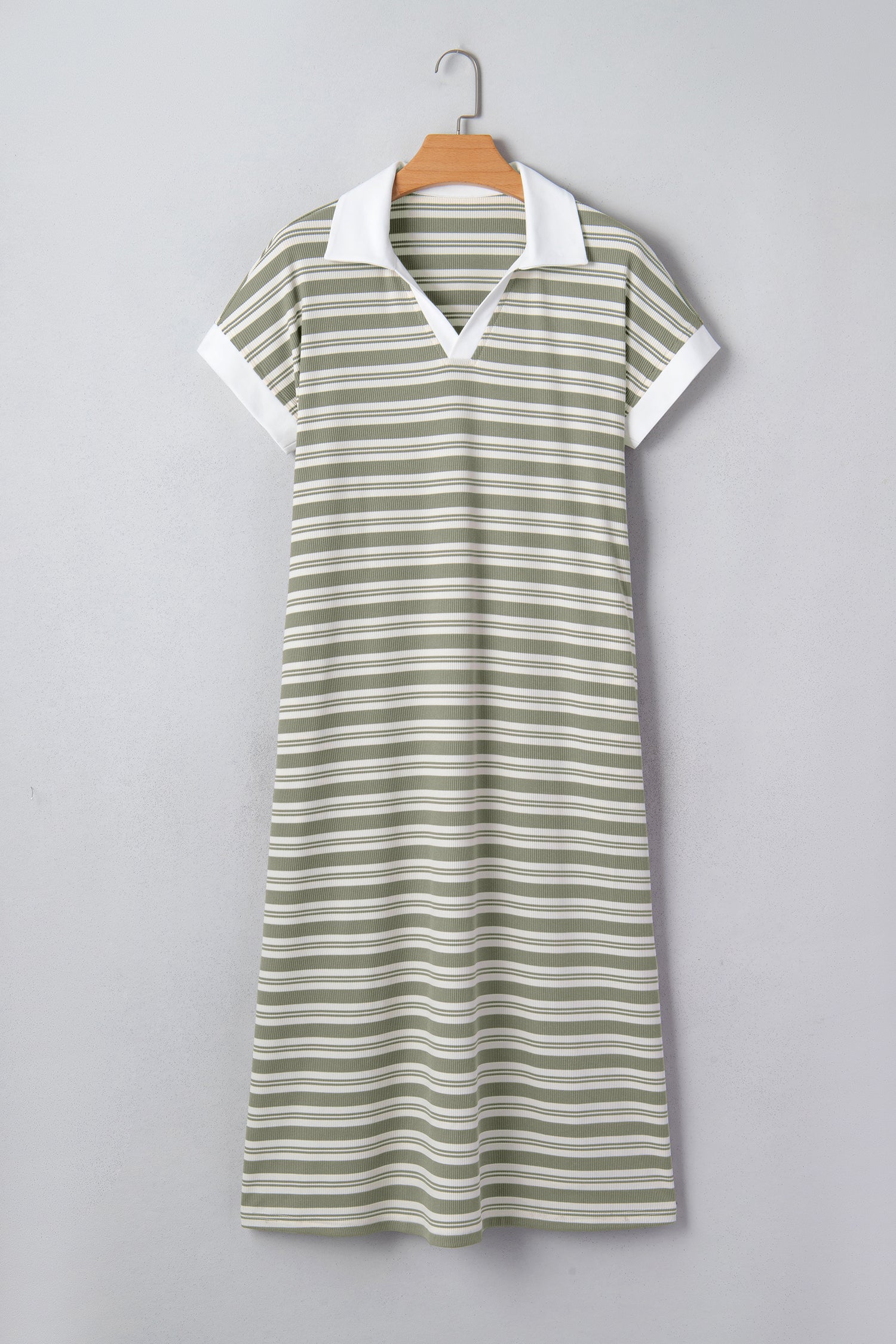 Shop Women's Stripe Collared V-Neck Short Sleeve T-Shirt Midi Dress Pockets Green at LivelyLooks