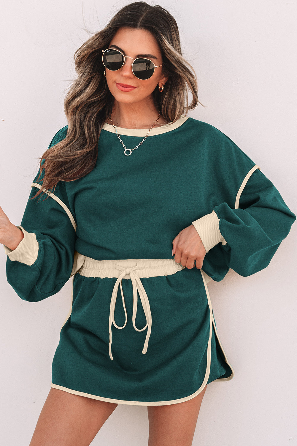 Shop Colour Contrast Loose Pullover & Lace-Up Waist Skort Set S-XL at LivelyLooks