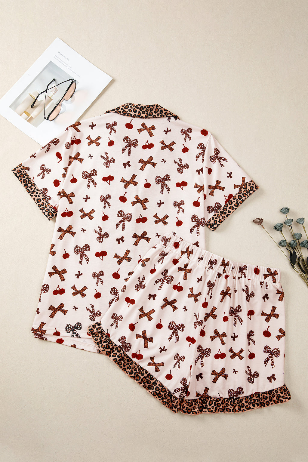 Shop White Cherry Print Leopard Patchwork PJ Set Bow Shirt and Drawstring Shorts Pyjamas at LivelyLooks