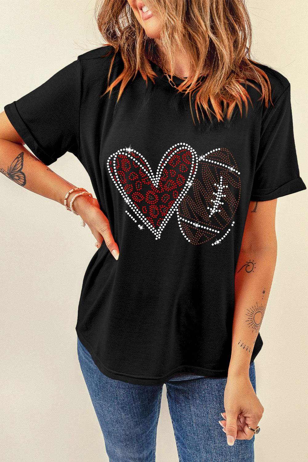 Shop Black Rhinestone Rugby Football Heart Shape Graphic T Shirt Sparkle Gem Tee Top at LivelyLooks