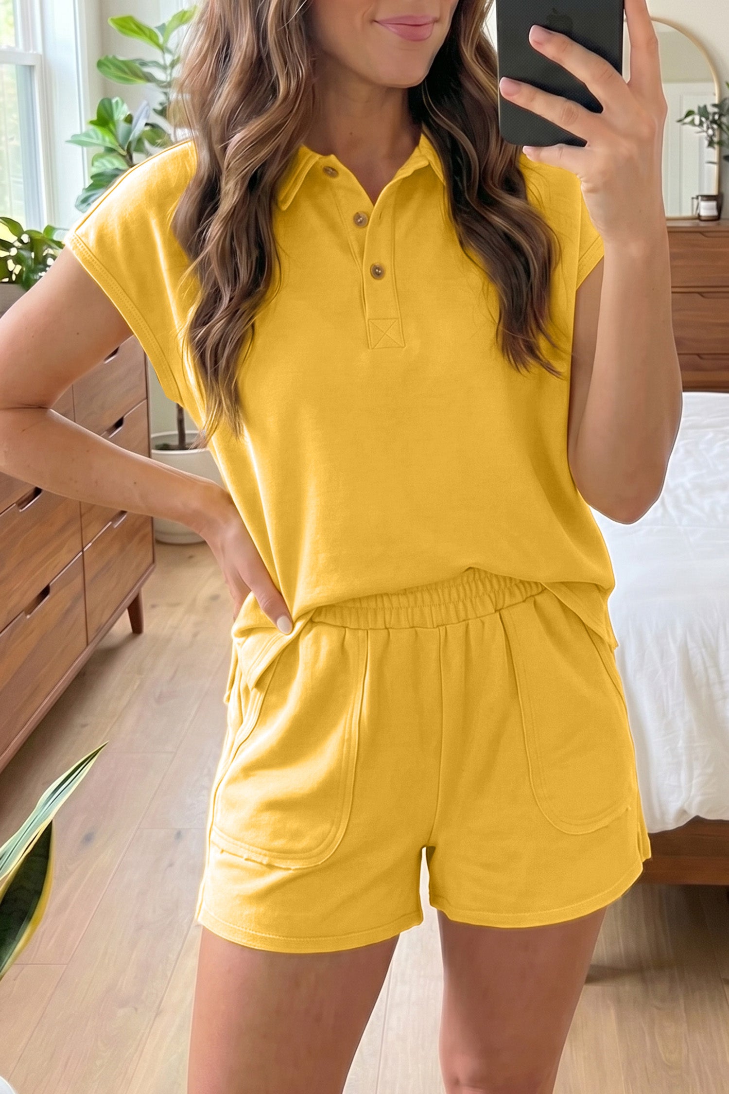 LivelyLooks Yellow & Blue Loose Polo Tee & Elastic Waist Shorts Co-ord Set | S-XL women's fashion
