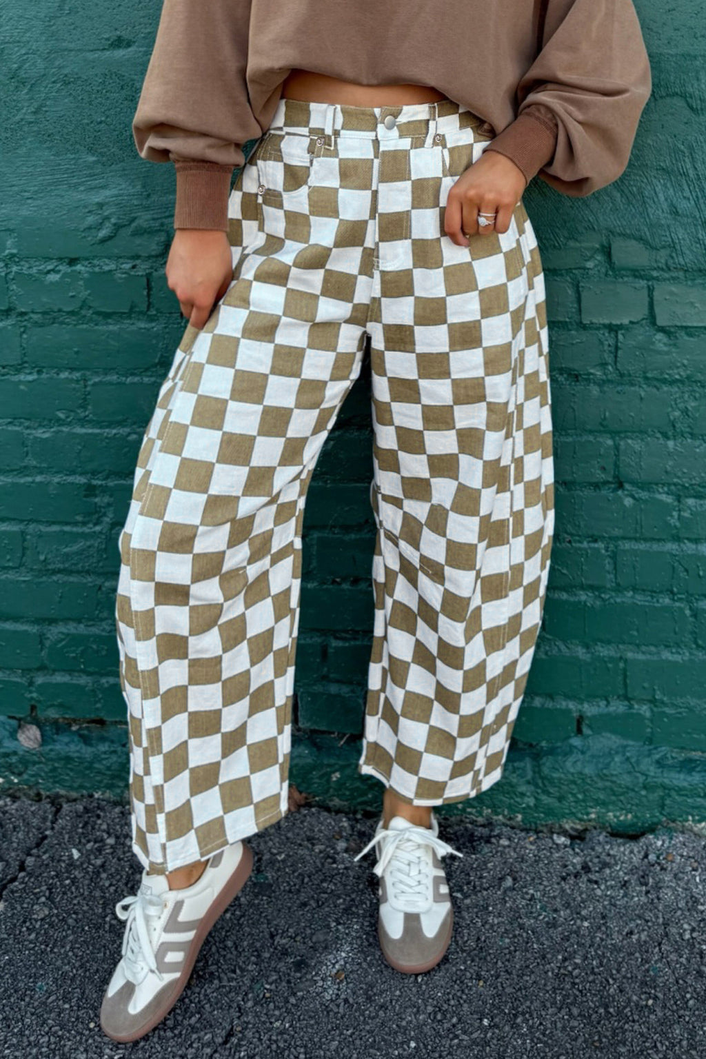 White Checkered Denim Barrel Pants Relaxed Fit Women UK 4-16