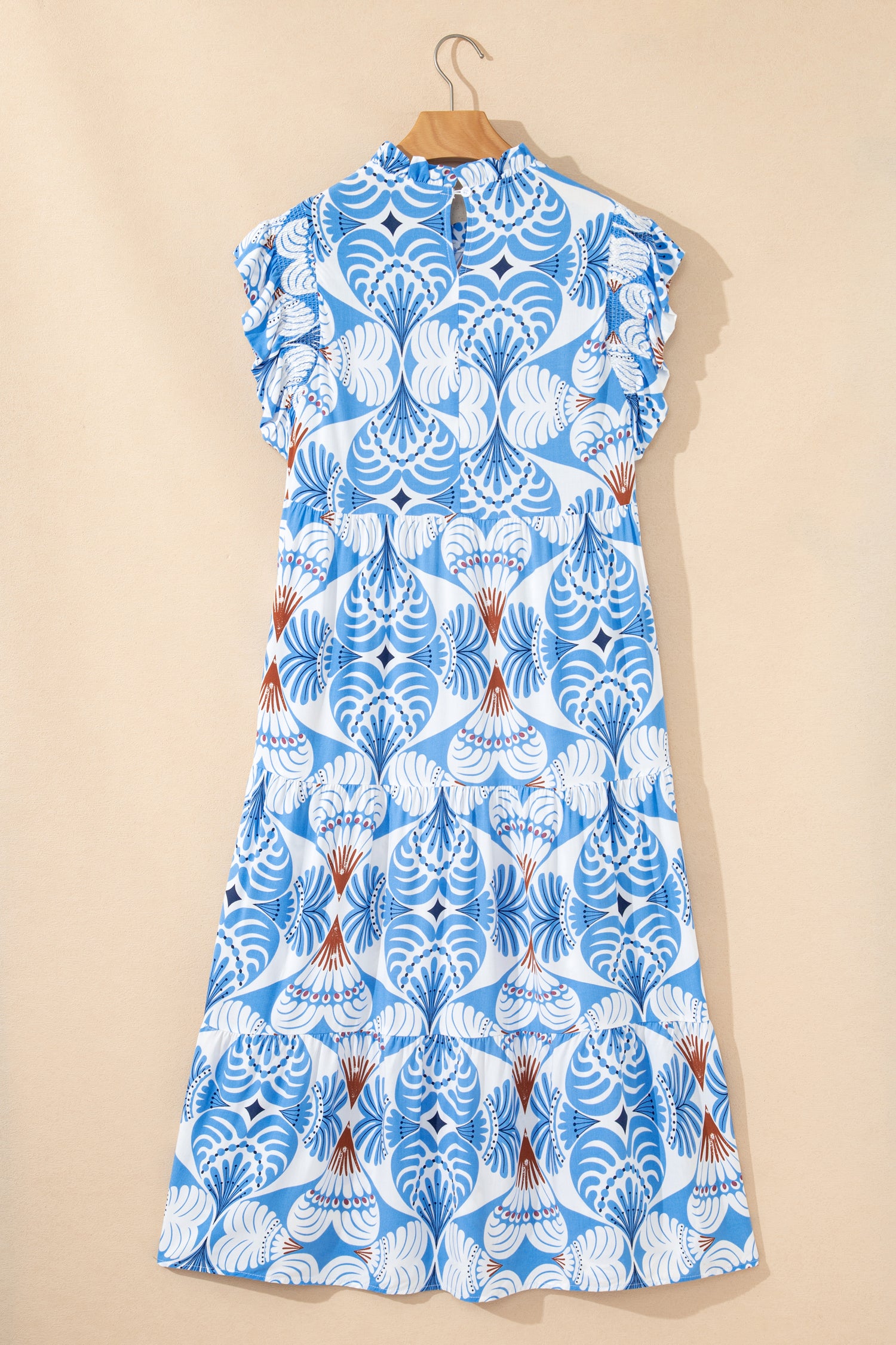 Sky Blue Tropical Print Maxi Dress Flutter Sleeve Vacation Women S-XL
