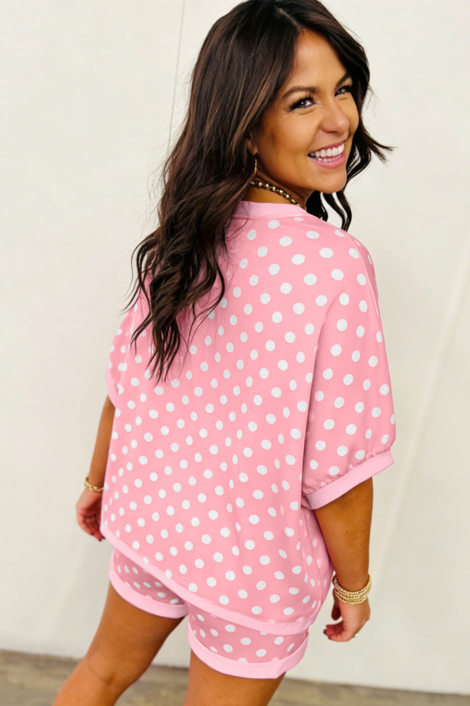 Polka Dot Oversized Top & Shorts Co-ord Set | Beige Pink Blue Green