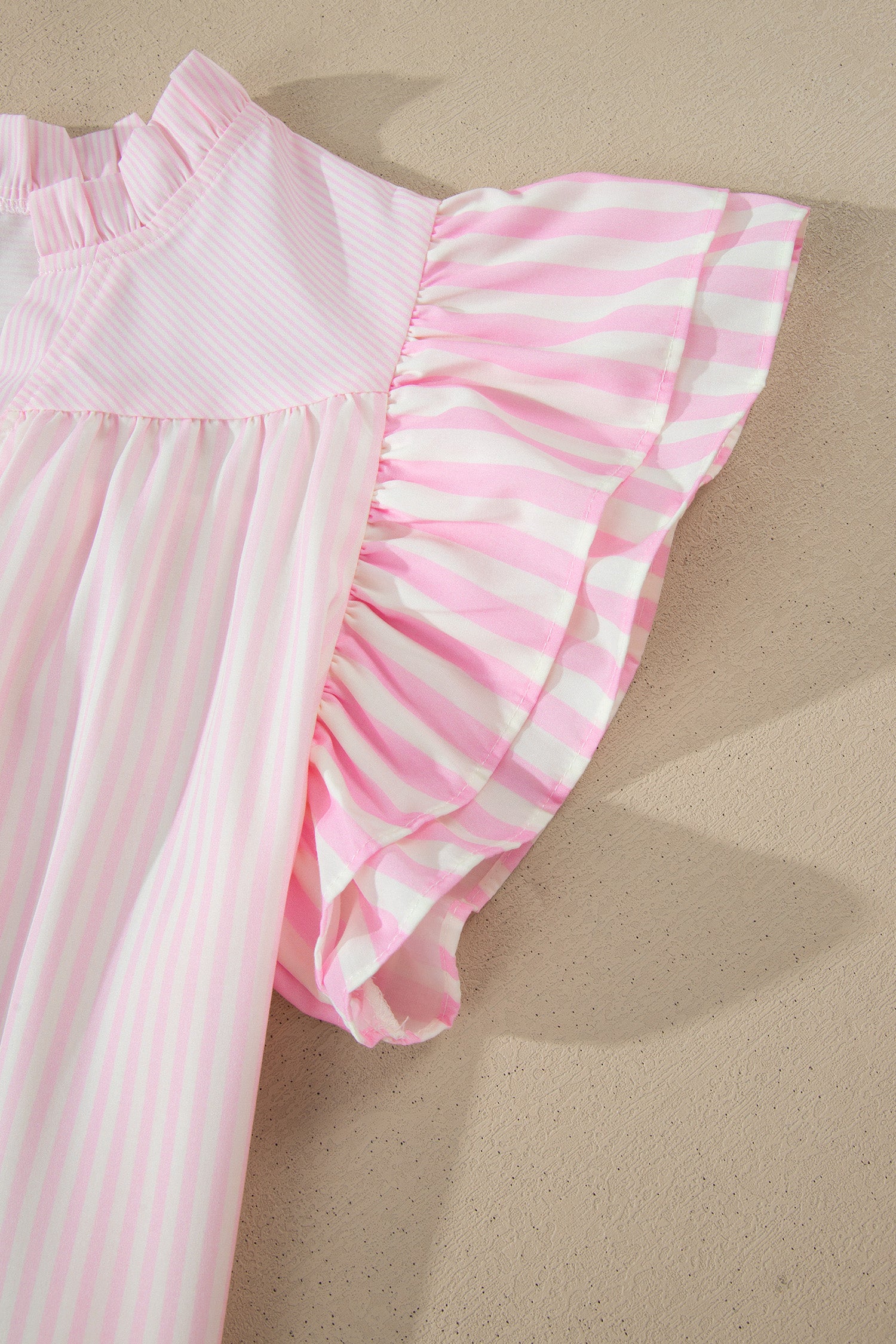 Women's Pink Stripe Contrast Trim V Neck Flutter Sleeve Blouse at LivelyLooks