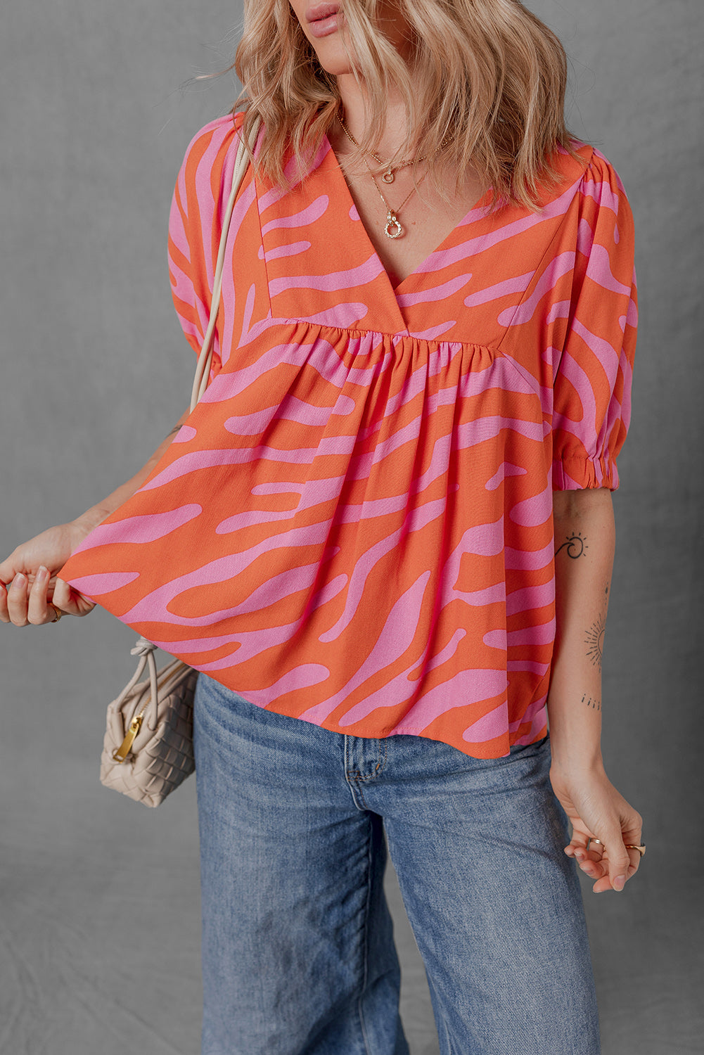 Orange Zebra Print Blouse Ruched Cuff Half Sleeve V Neck Women S-XL