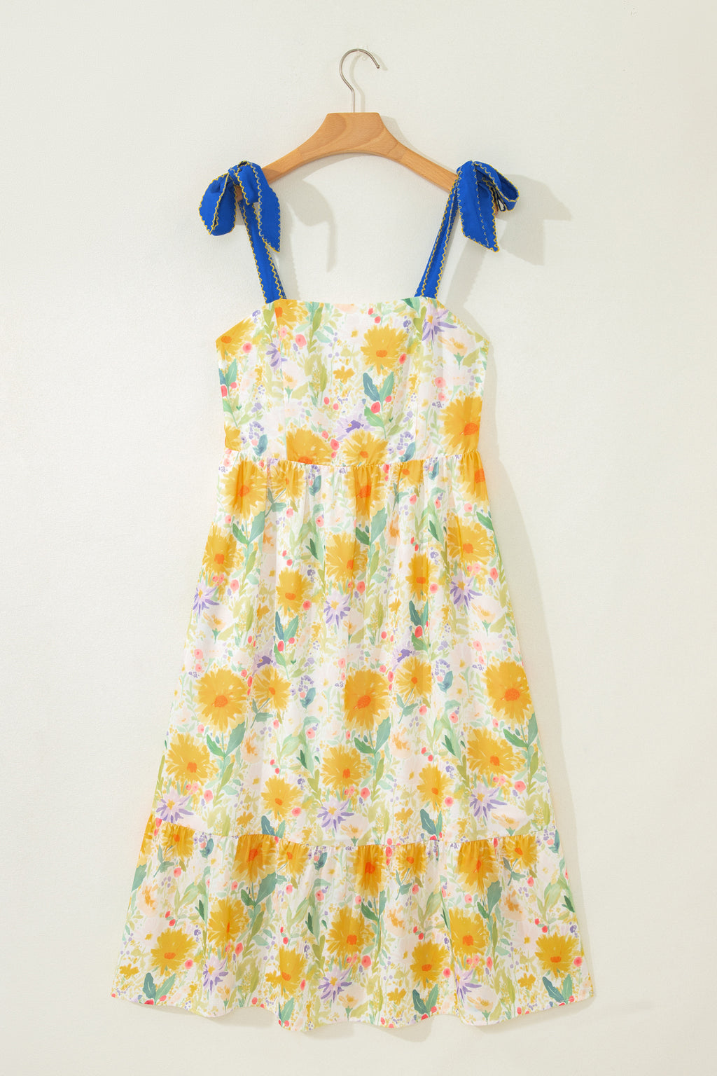 Shop Yellow Floral Print Contrast Stitched Knot Denim Straps High Waist Dress at LivelyLooks