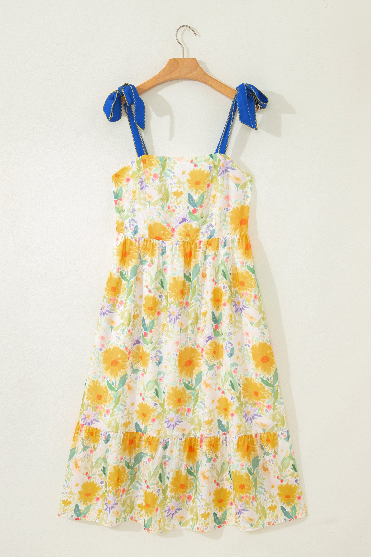 Shop Yellow Floral Print Contrast Stitched Knot Denim Straps High Waist Dress at LivelyLooks
