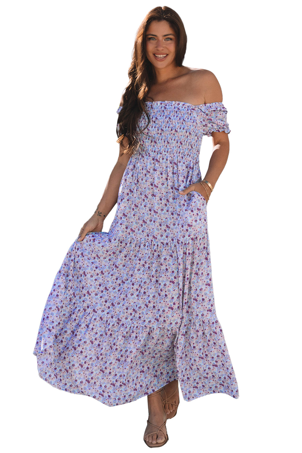 LivelyLooks Floral Bubble Sleeve Shirred High Waist Maxi Dress Purple Square Neck S-XL women's fashion