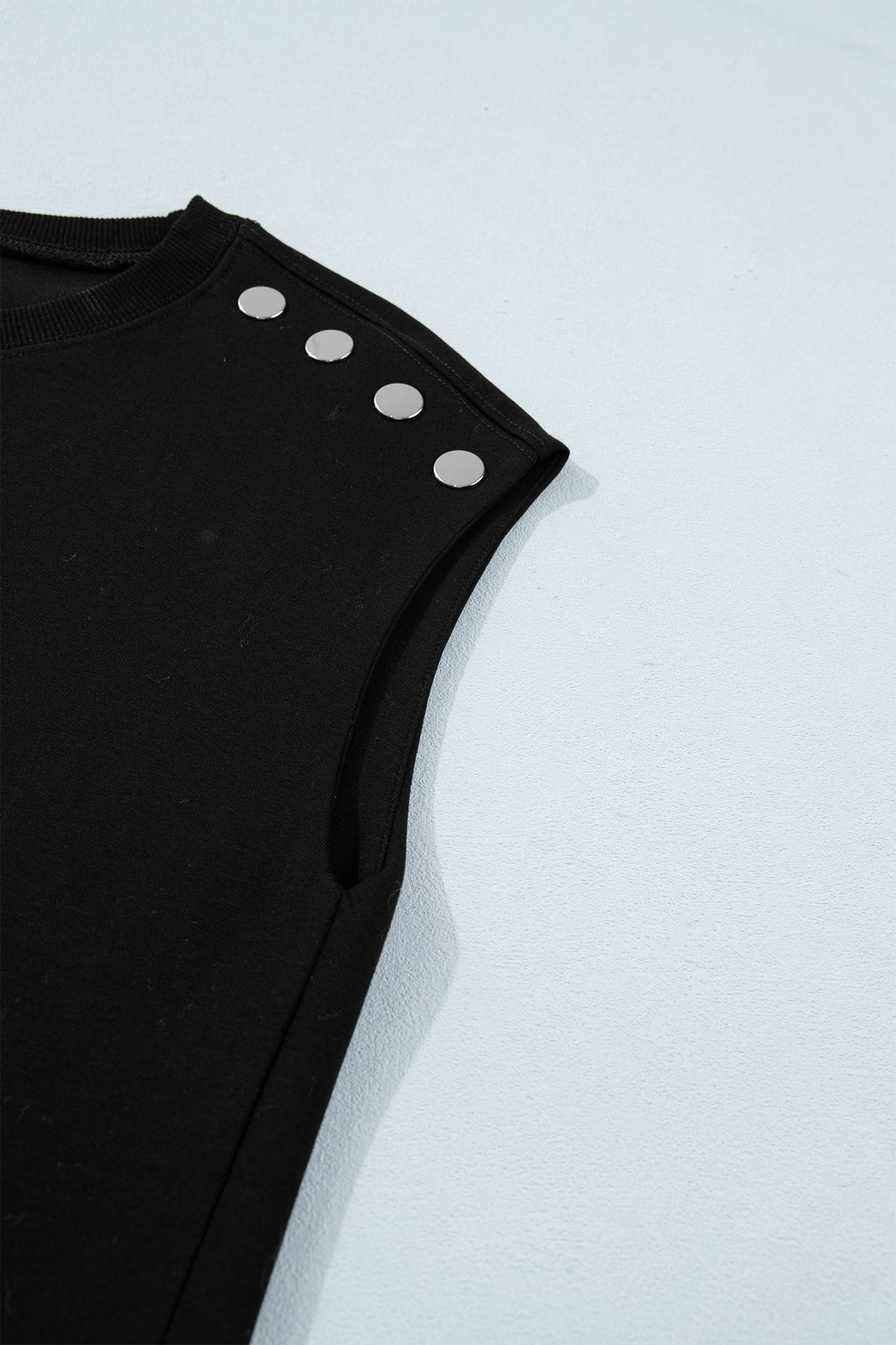 Women's Black Casual Solid Short Sleeve Top with Metal Button Details at LivelyLooks