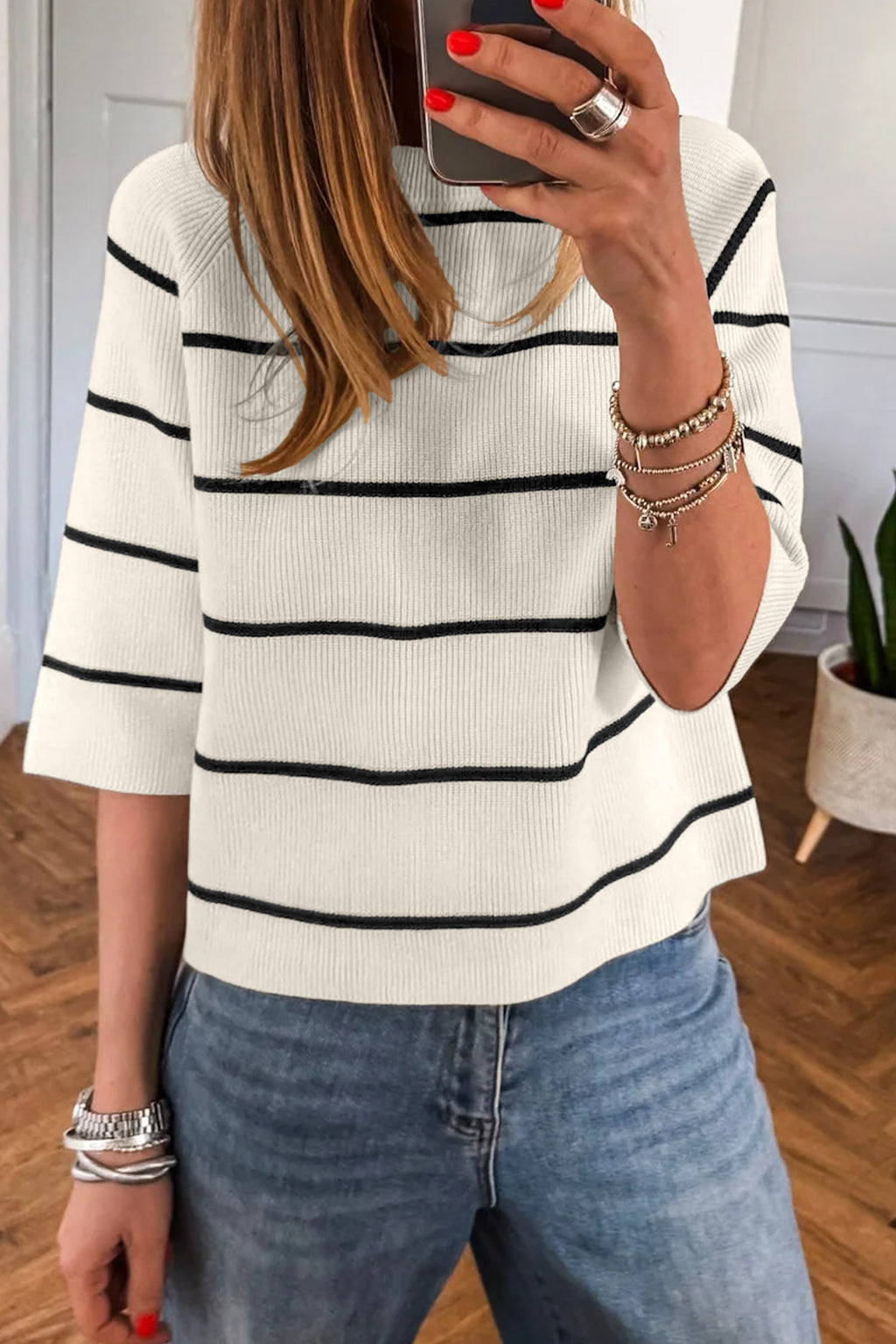 White Stripe Ribbed Knit Half Sleeve Loose Sweater Tee | Sizes S–XL