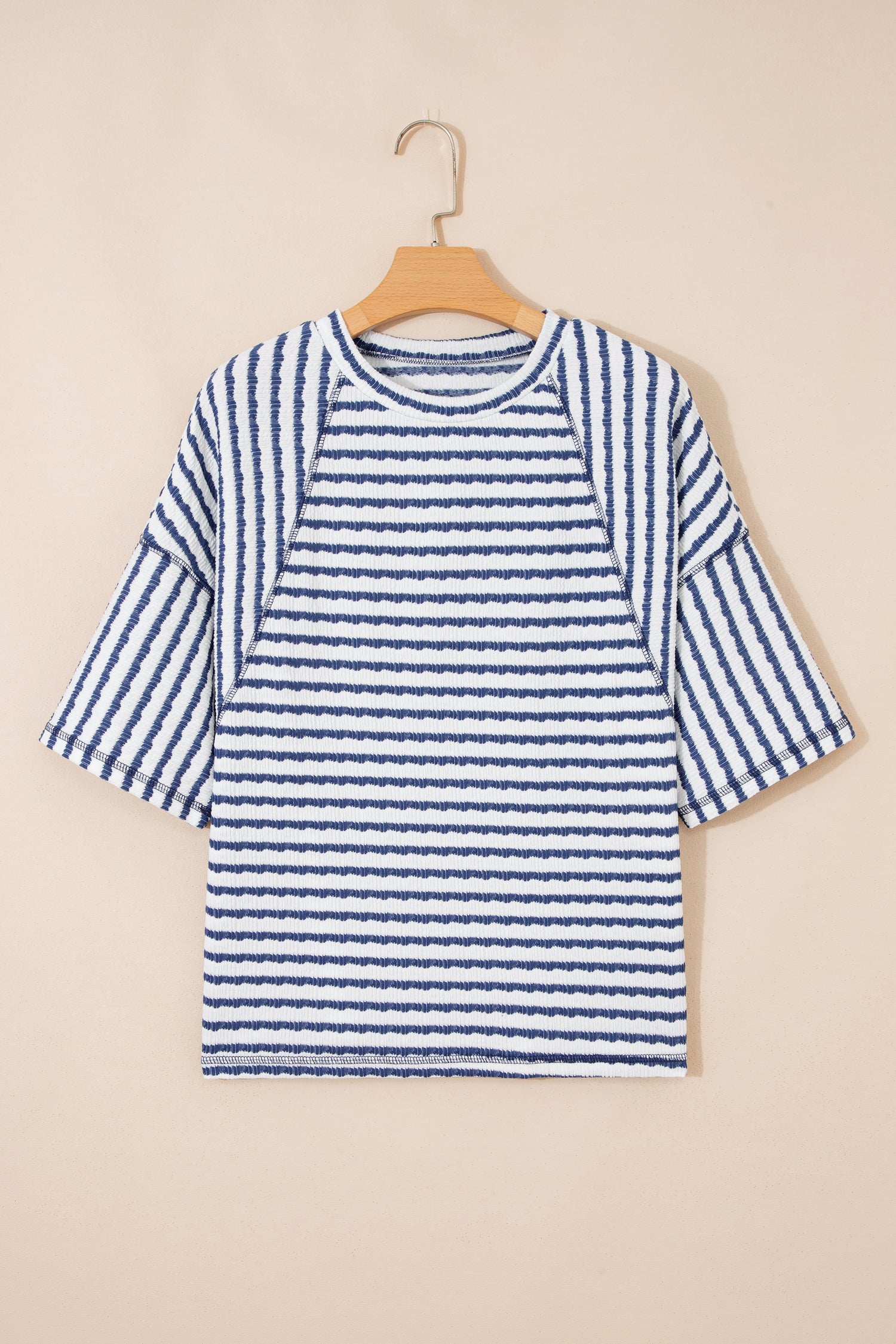 LivelyLooks Brown Stripe Textured Knit Split Hem Half Sleeve Loose Top women's fashion