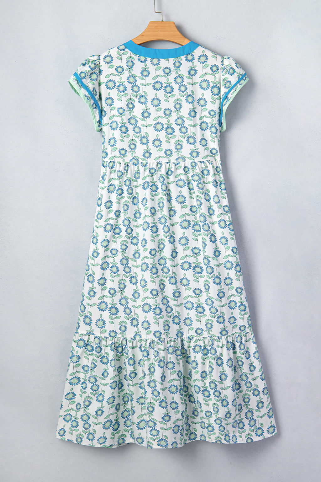 Sunflower Print Flutter Sleeve Maxi Dress Striped Trim Sky Blue Red UK 8-22