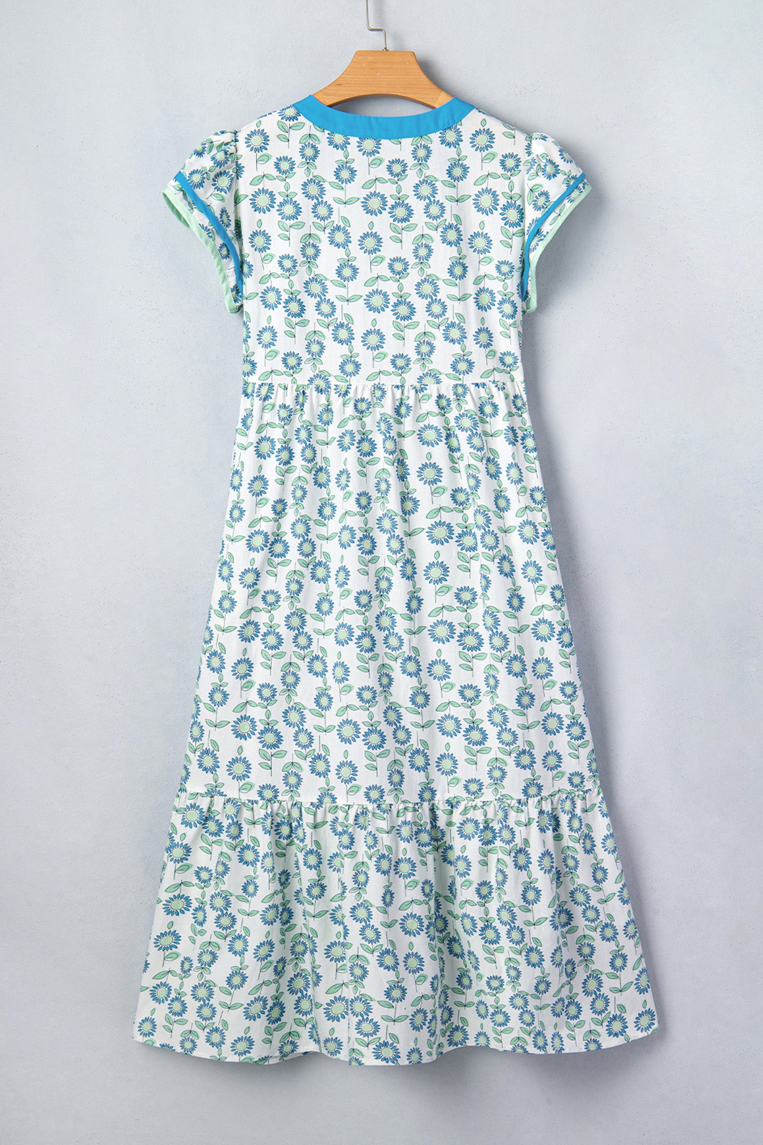 Sunflower Print Flutter Sleeve Maxi Dress Striped Trim Sky Blue Red UK 8-22