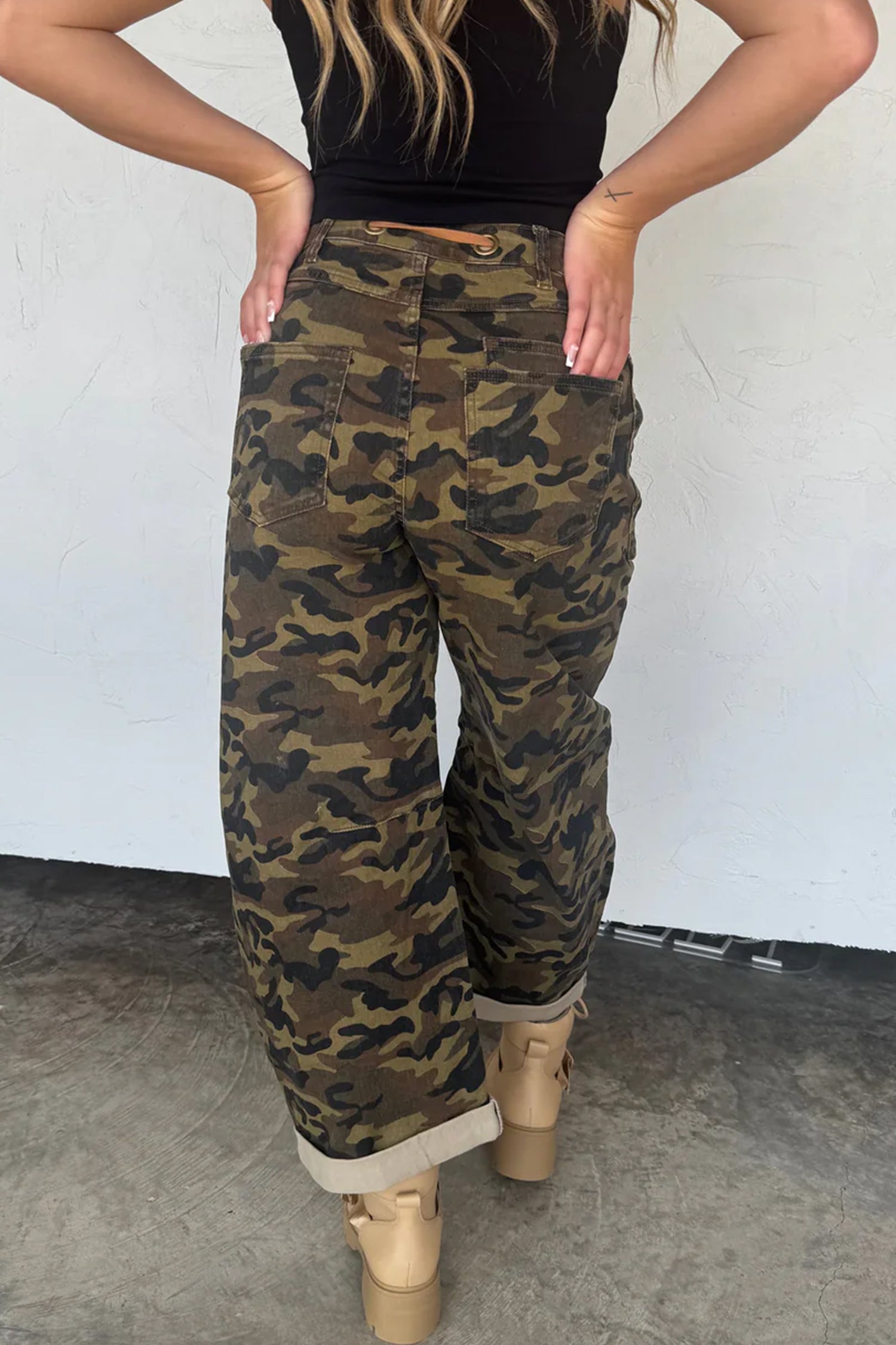 Multicolour Camouflage Print Retro Grommet Tie Waist Loose Jeans | UK 8–20