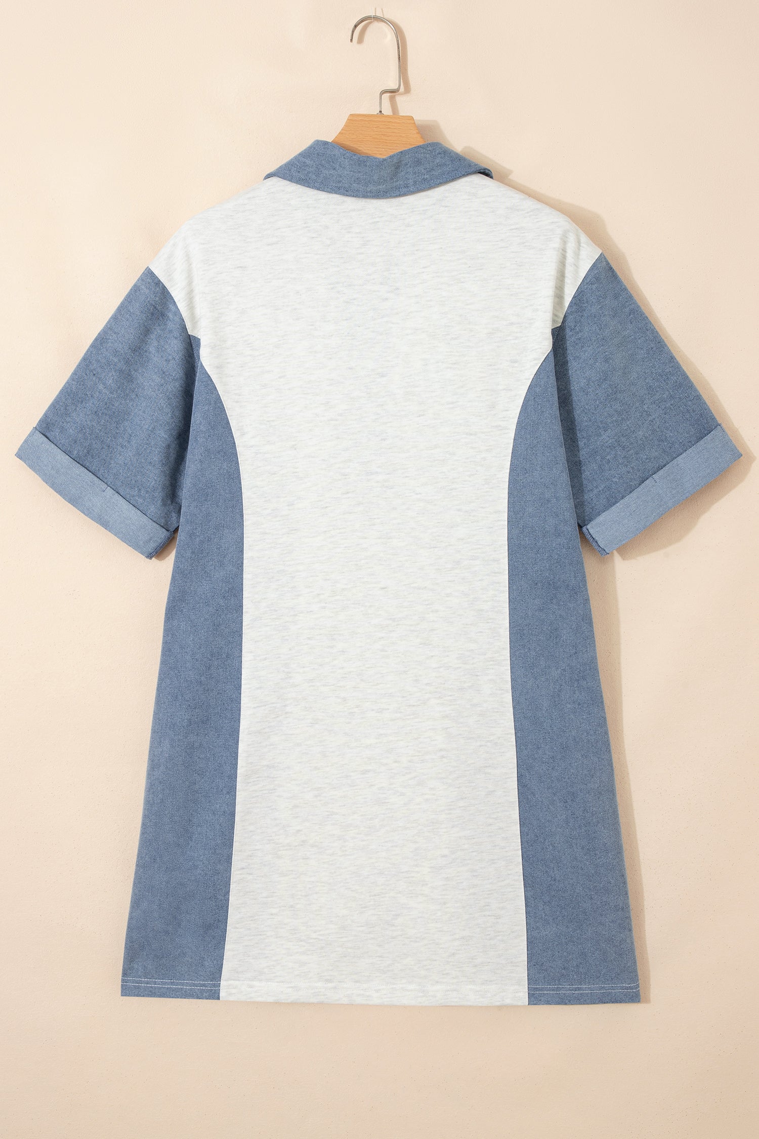 Light Grey Denim Colour Block Polo Collar T-Shirt Tunic Dress S-XL