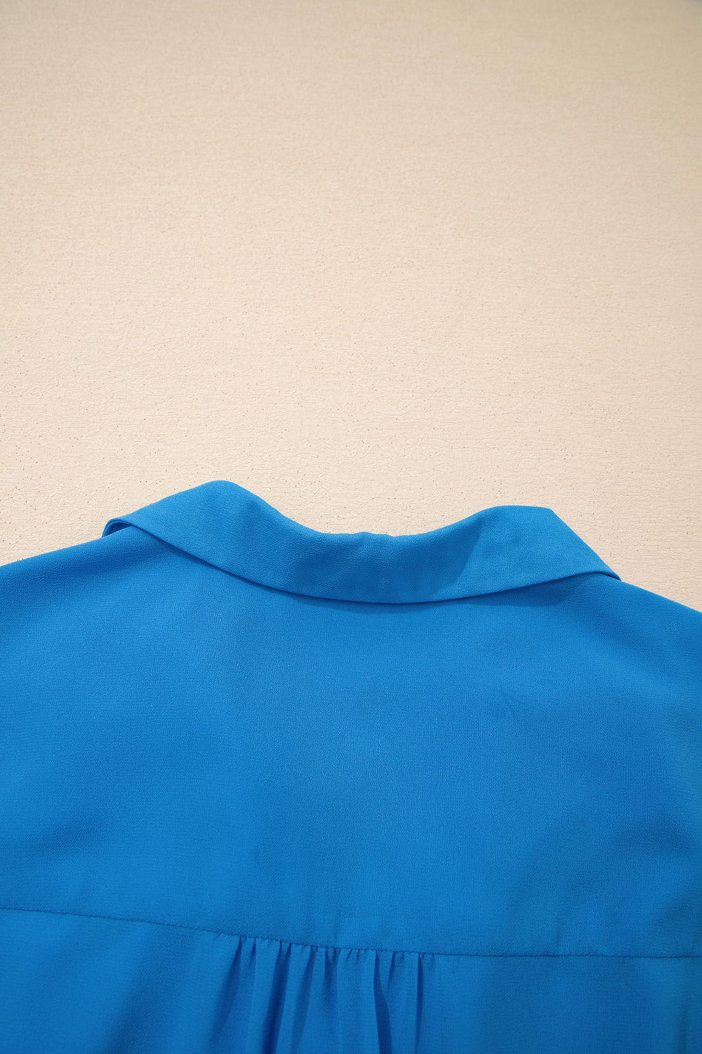 Blue Half Button Collared Elastic Waist Sleeveless Shirt Dress S-XL