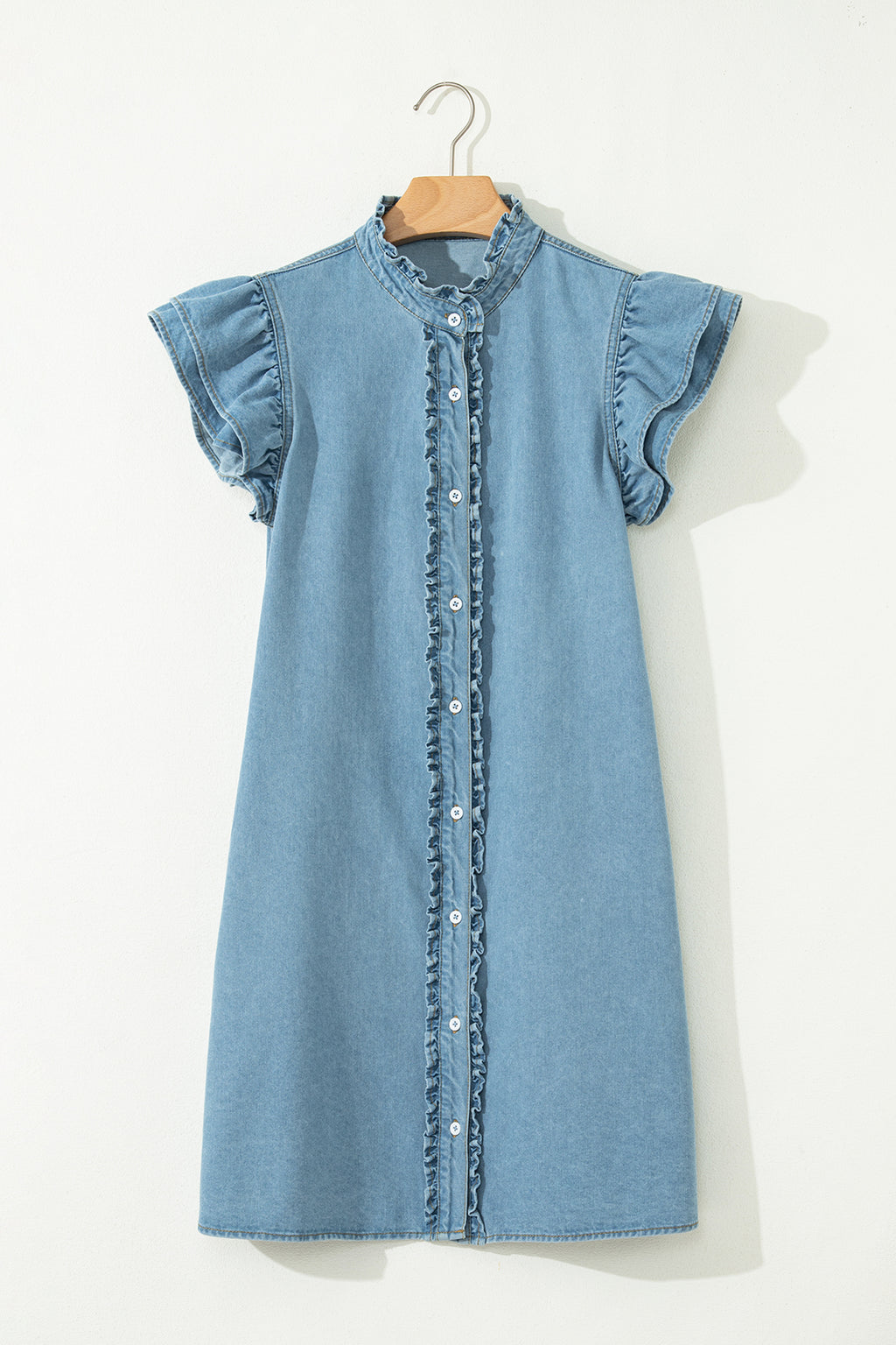 Red Sandalwood & Blue Frilled Button Down Ruffle Sleeve Denim Mini Dress S-XL