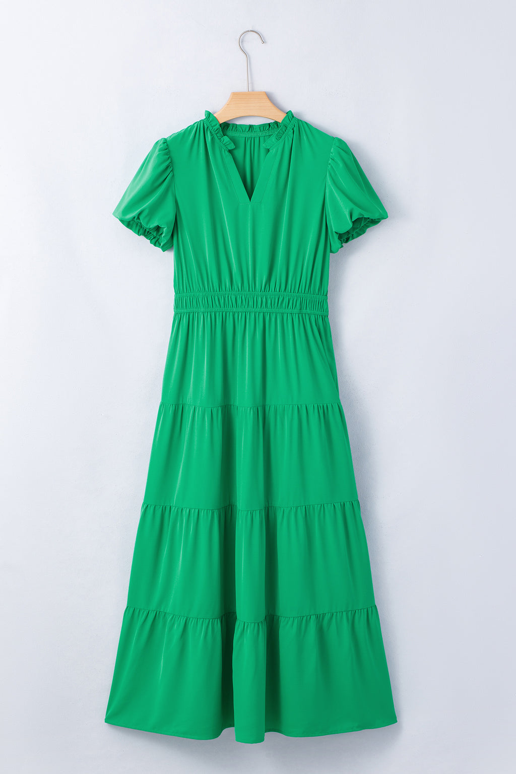 Women's Solid Colour V Neck Puff Sleeve High Waist Tiered Maxi Dress | S-XL at LivelyLooks