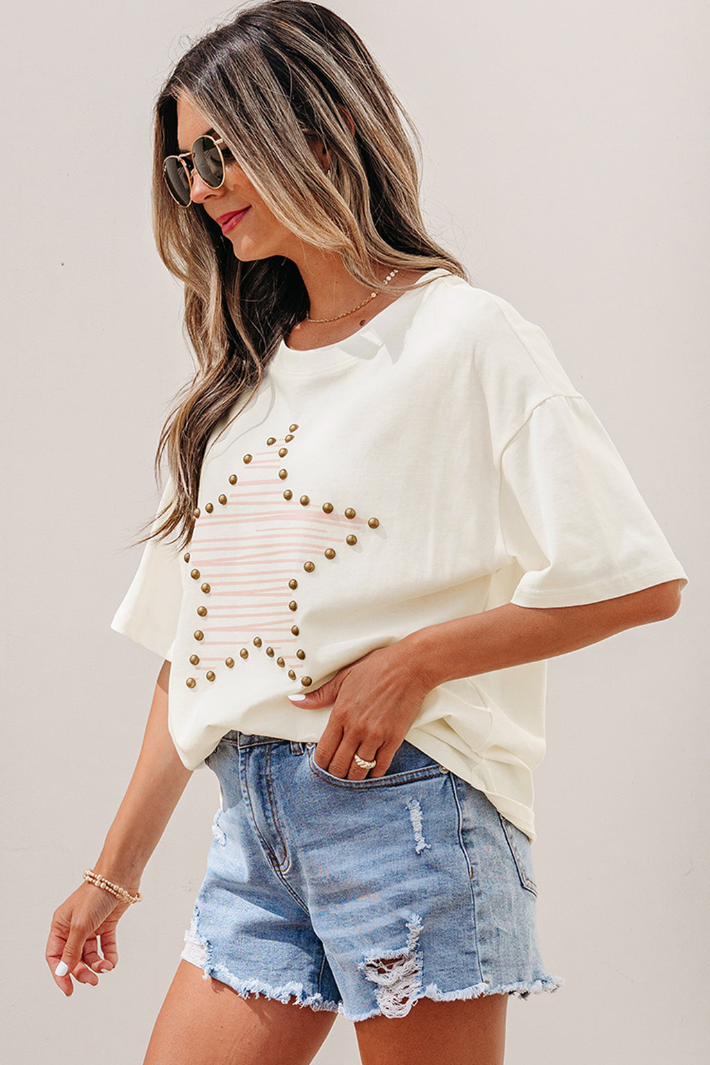 LivelyLooks Beige Star Print Stud Detail Cotton Jersey Top S-XL women's fashion