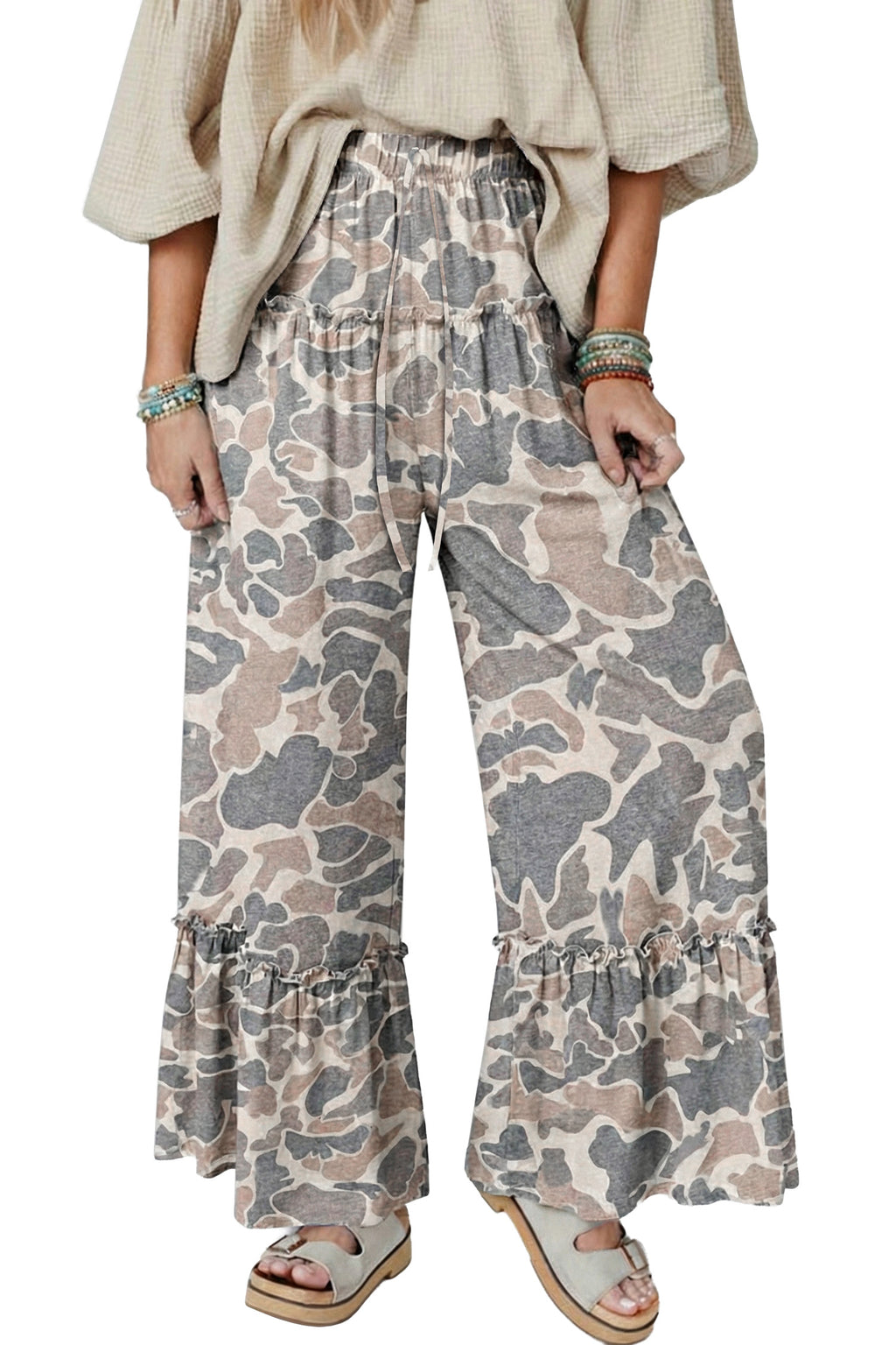 Camo Print Wide Leg Casual Trousers | Beige, Brown & Multicolour