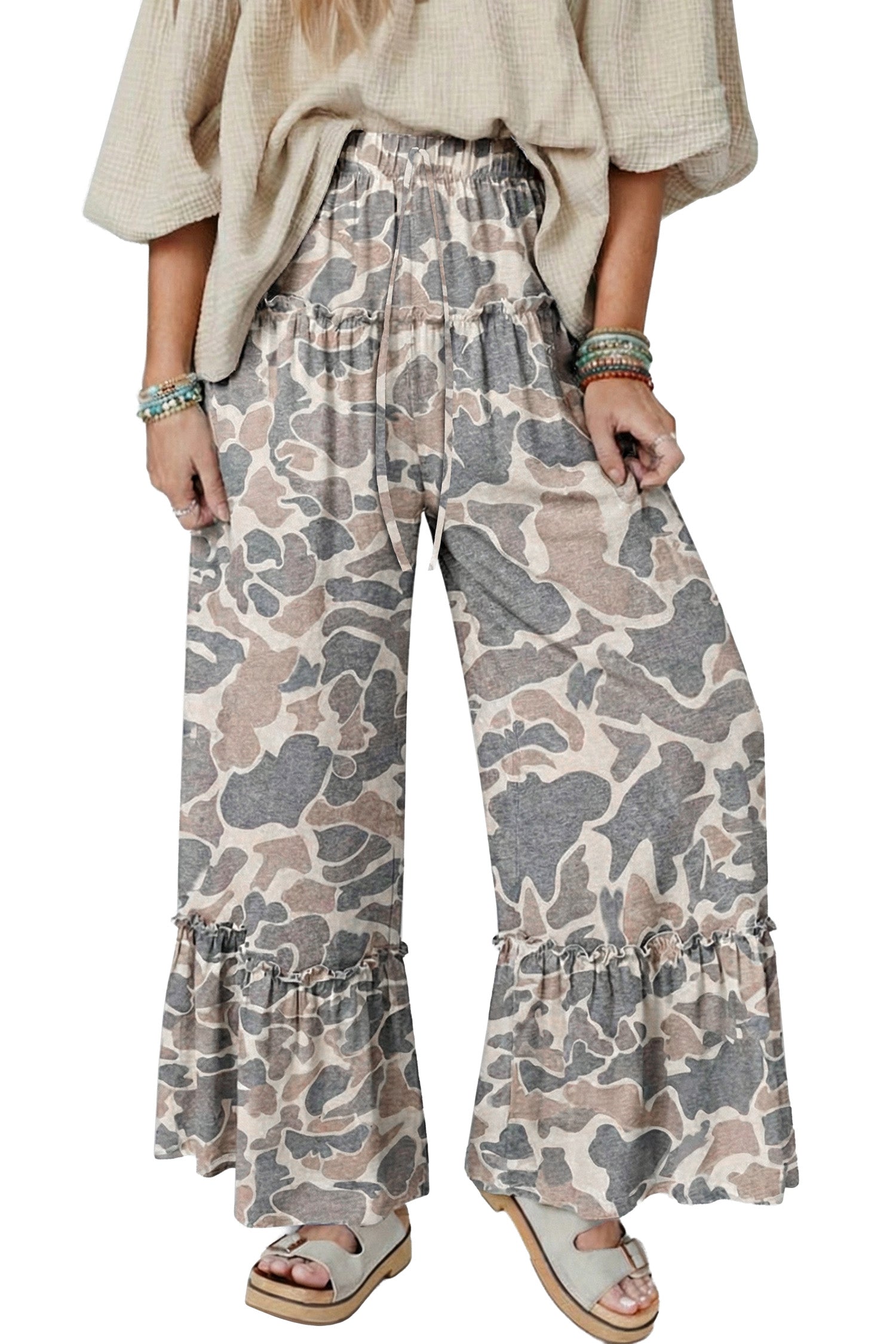 Camo Print Wide Leg Casual Trousers | Beige, Brown & Multicolour