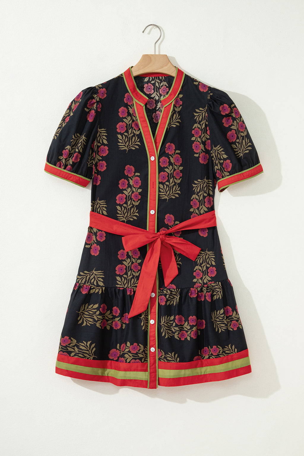 Black Retro Floral Belted Puff Sleeve Button Down Mini Dress