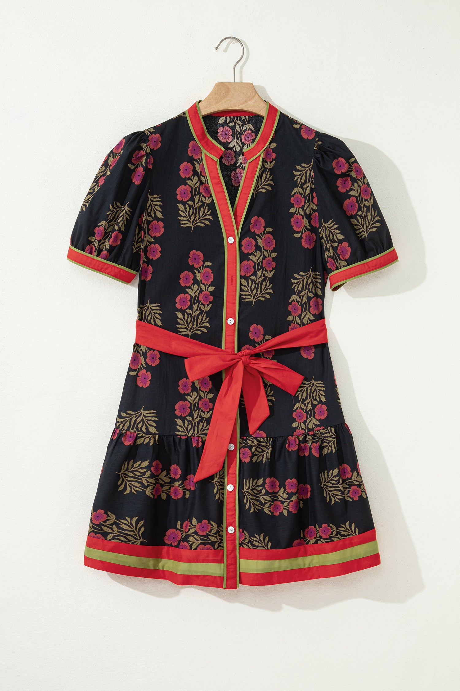 Black Retro Floral Belted Puff Sleeve Button Down Mini Dress