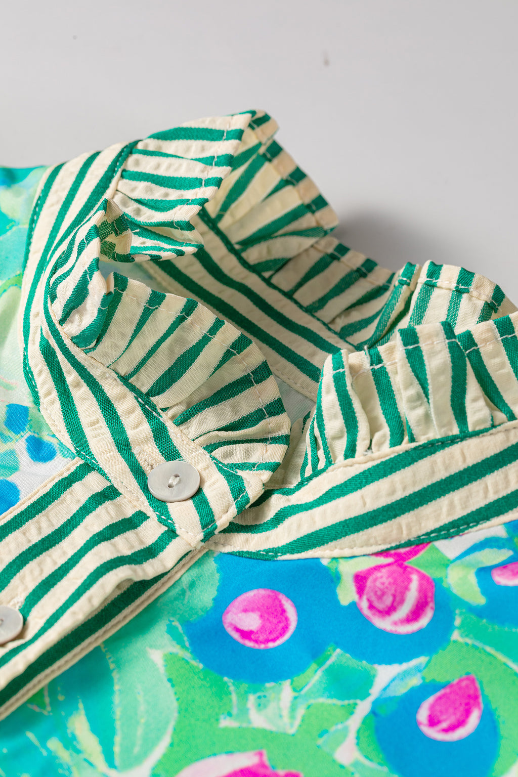 Floral Print Striped Trim Button Down Short Sleeve Vacation Dress | Green & Pink | UK 8–18