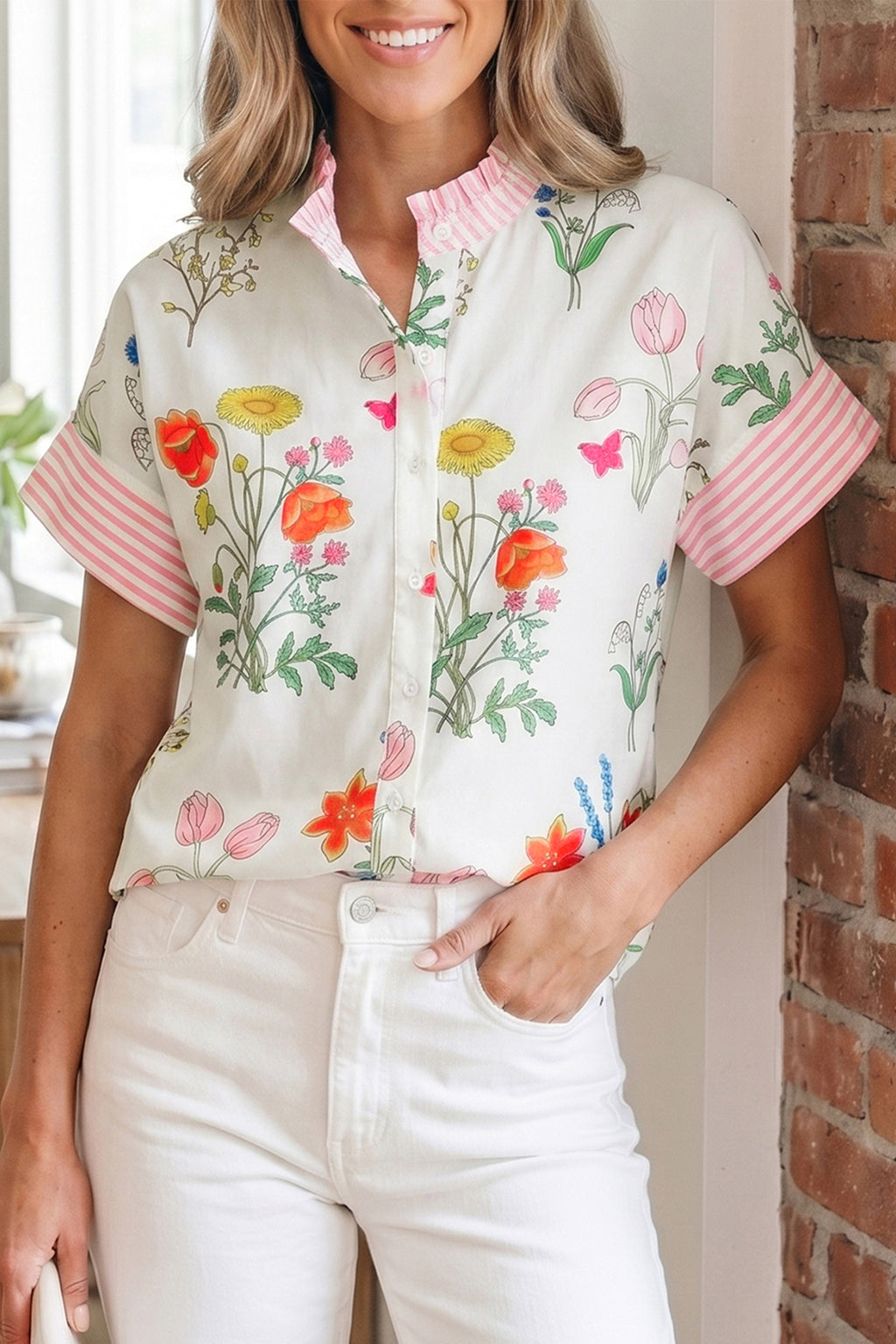 Floral Striped Ruffled Collar Shirt Short Sleeve Beige Sky Blue UK 8-22