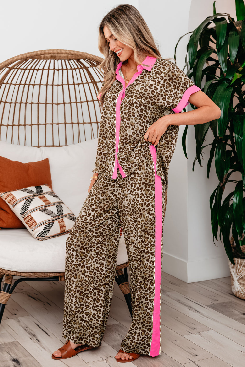 Brown Contrast Trim Leopard Top & Pant Set | UK 8–22