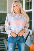 Leopard Print Puff Sleeve Knit Top Contrast Stripe Patchwork Women S-XL