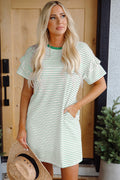 Women's Green Stripe Ruffled Short Sleeve Crew Neck Shift Mini Dress at LivelyLooks