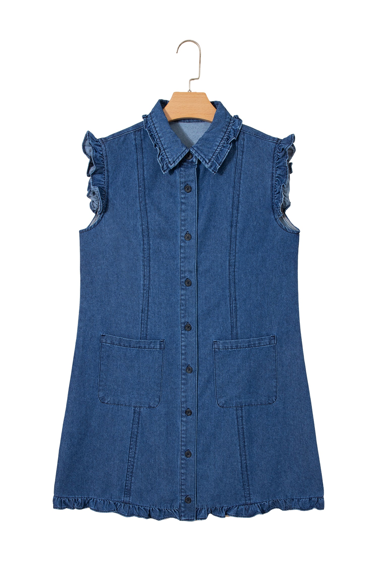 Sail Blue Ruffled Collar Shift Denim Dress with Pockets