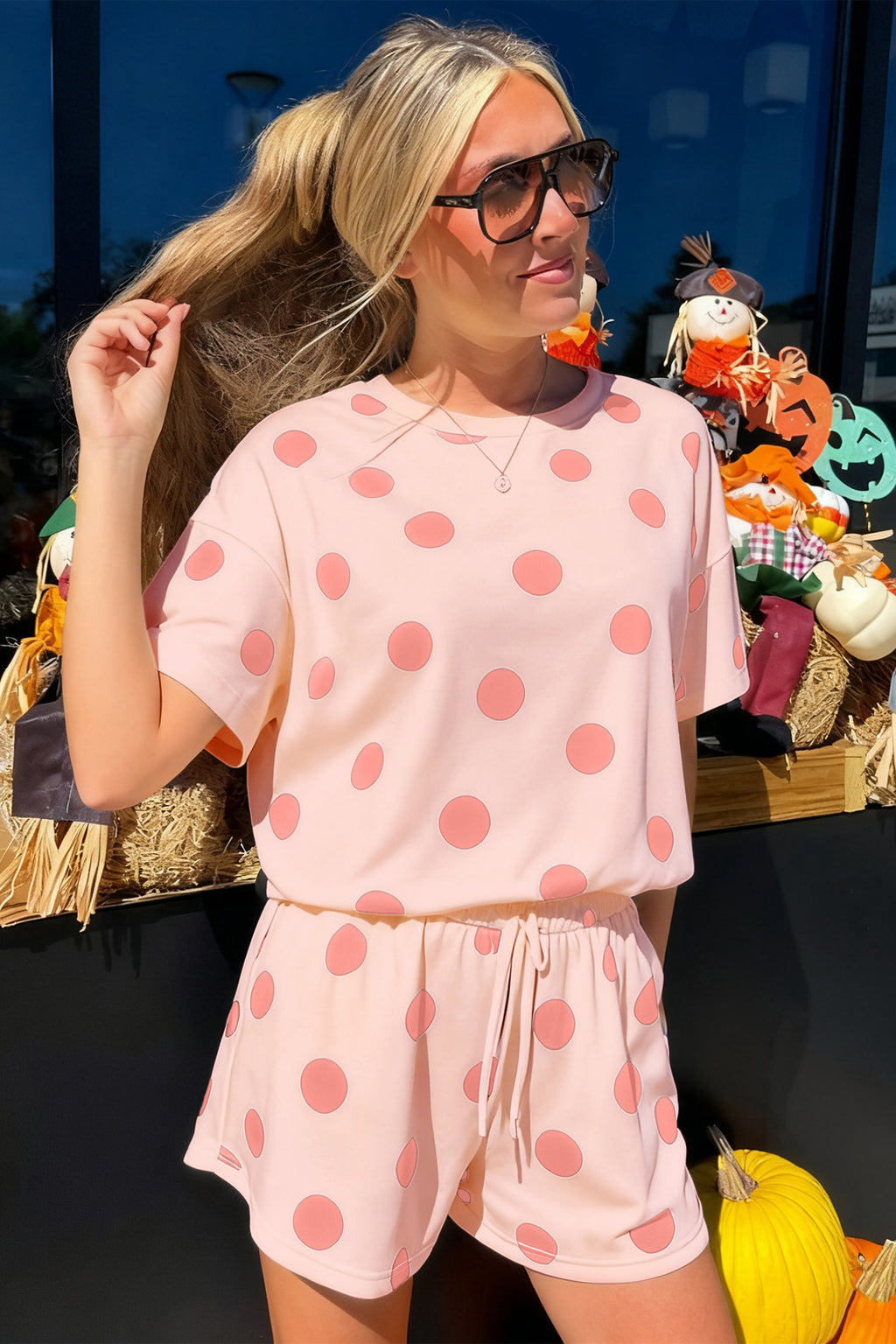 Polka Dot Print Tee & Shorts Co-ord Set | Pink, Black & Sky Blue