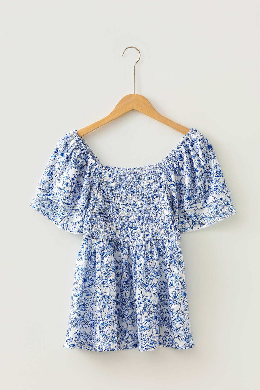 Sky Blue Floral Babydoll Blouse Square Neck Ruffled Sleeve Shirred Women S-XL