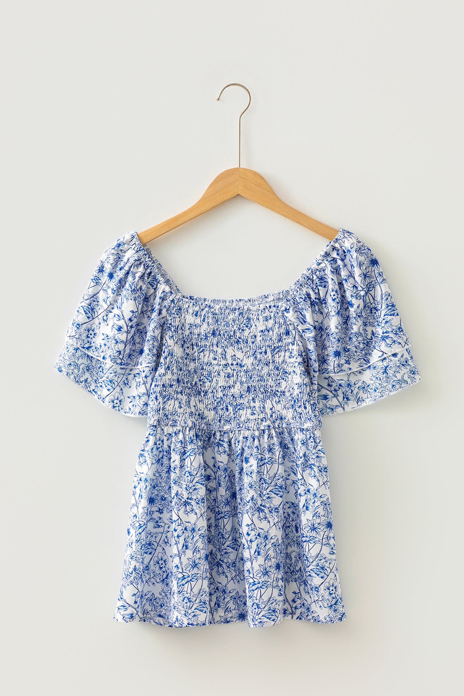 Sky Blue Floral Babydoll Blouse Square Neck Ruffled Sleeve Shirred Women S-XL
