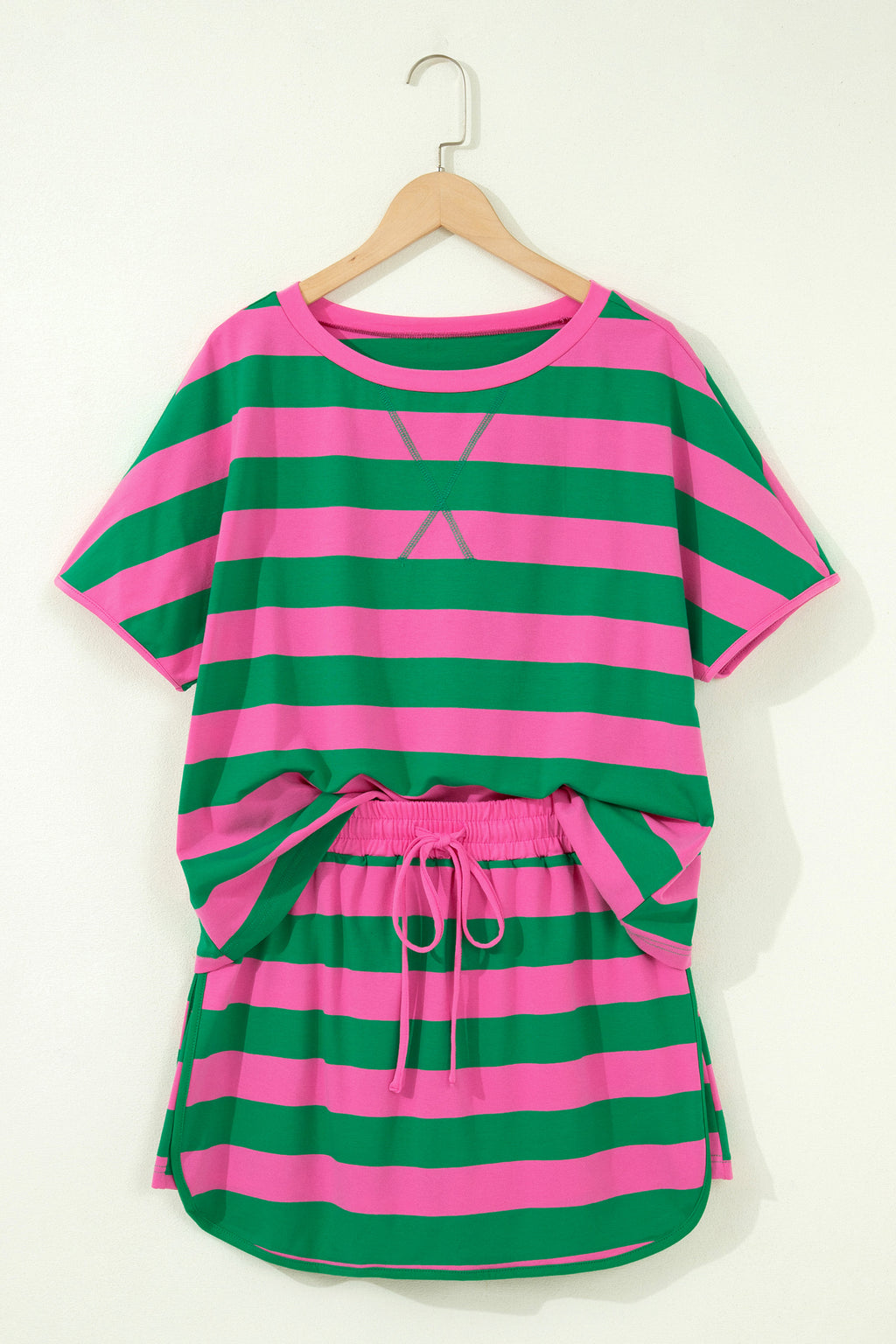 Striped Dolman Tee & Drawstring Skort Set – Pink, Rose & Yellow