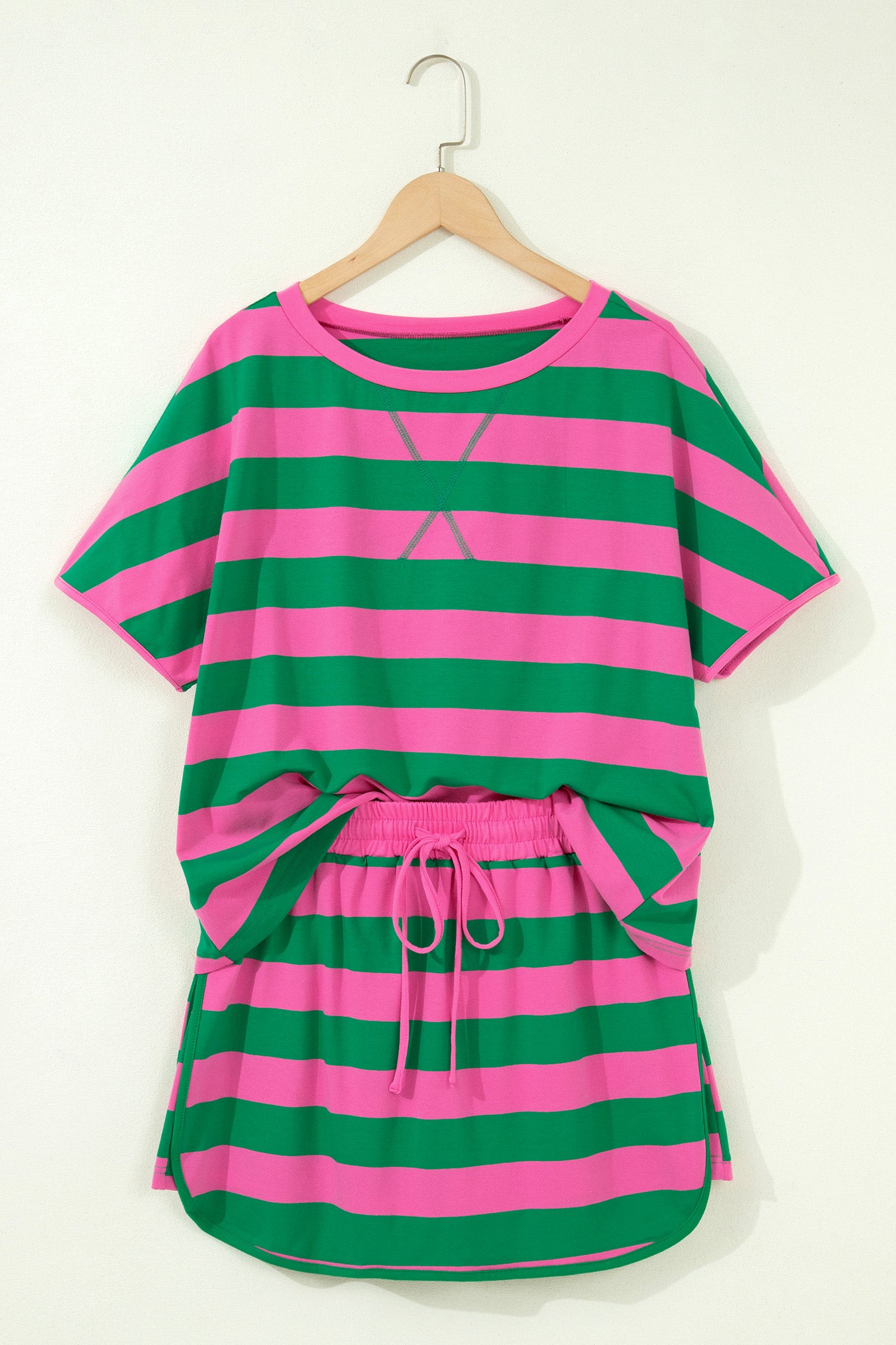 Striped Dolman Tee & Drawstring Skort Set – Pink, Rose & Yellow