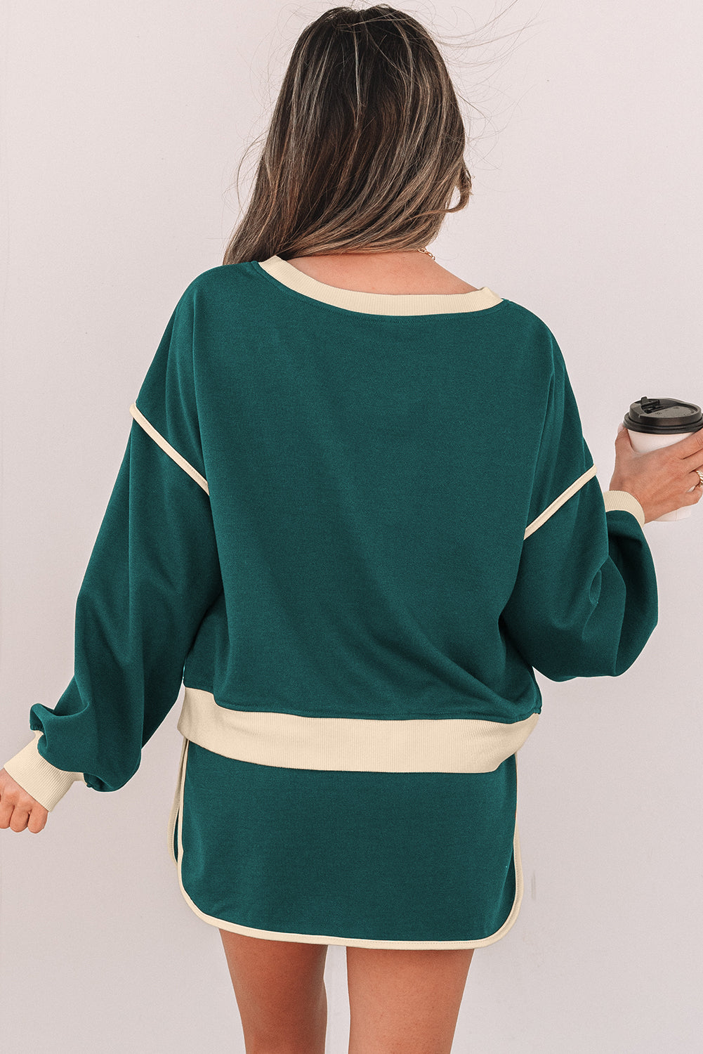 Shop Colour Contrast Loose Pullover & Lace-Up Waist Skort Set S-XL at LivelyLooks